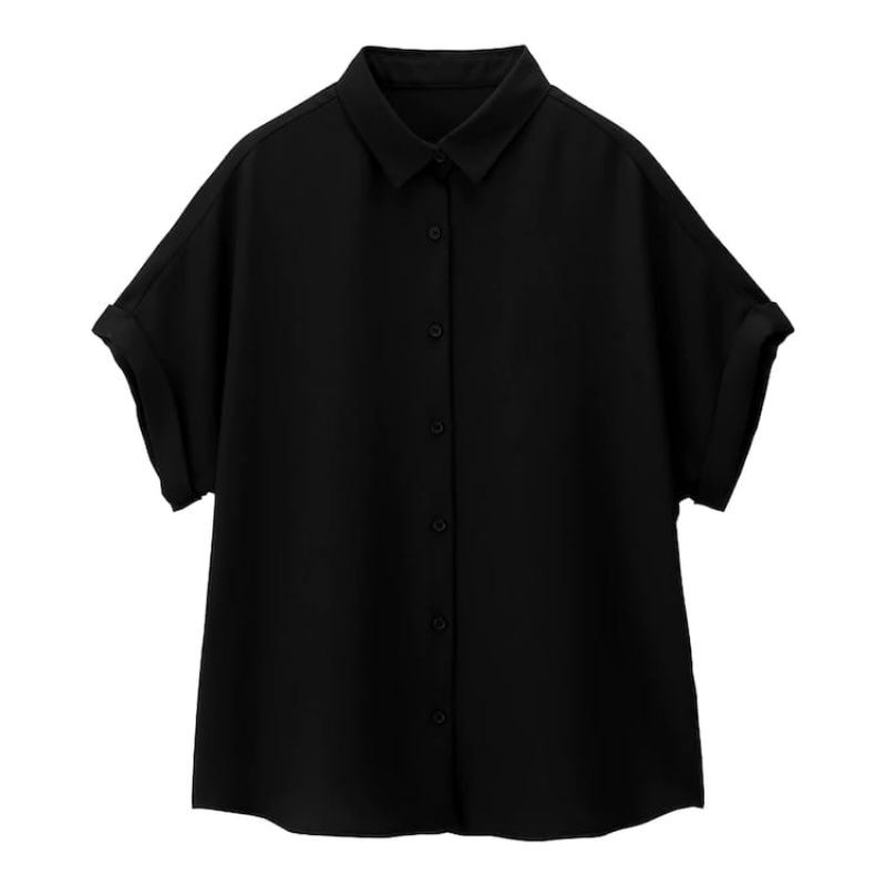 Kemeja Wanita GU by Uniqlo Airy Short Shirt - Baju Kemeja Wanita Lengan Pendek Polos Original-Black