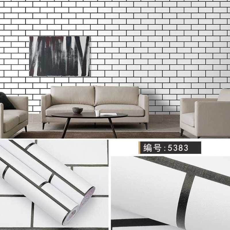 Wallpaper Dinding Bata Putih Lis Hitam 3D 45cm X 10m