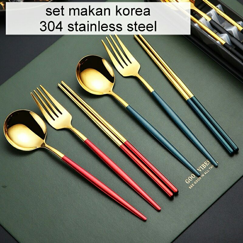 ( 1pcs ) Sendok makan gold / sendok makan emas / garpu gold / garpu makan korea / Set Alat Makan Korea Stainless Steel Tebal - Alat Set Makan Sendok Korea Cantik Mewah Stainless Garpu Sumpit Sendok Anti Karat /sendok sultan / sendok garpu Korea warna