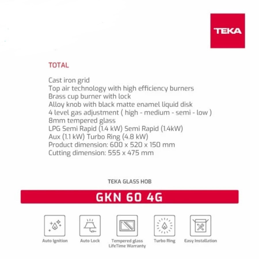 Kompor Tanam Gas/Built-in Glass Hob Teka GKN 60 4G Lifetime Warranty