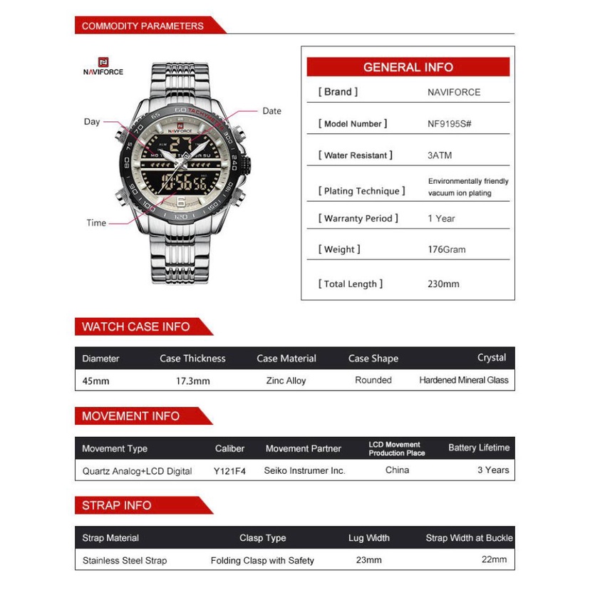 JAM TANGAN COWOK DUAL TIME RANTAI STAINLESS TYPE NAVIFORCE NF-9195 ORIGINAL WATERESISTAN 3 ATM/JAM TANGAN COWOK DUAL TIME ANALOG-DIGITAL