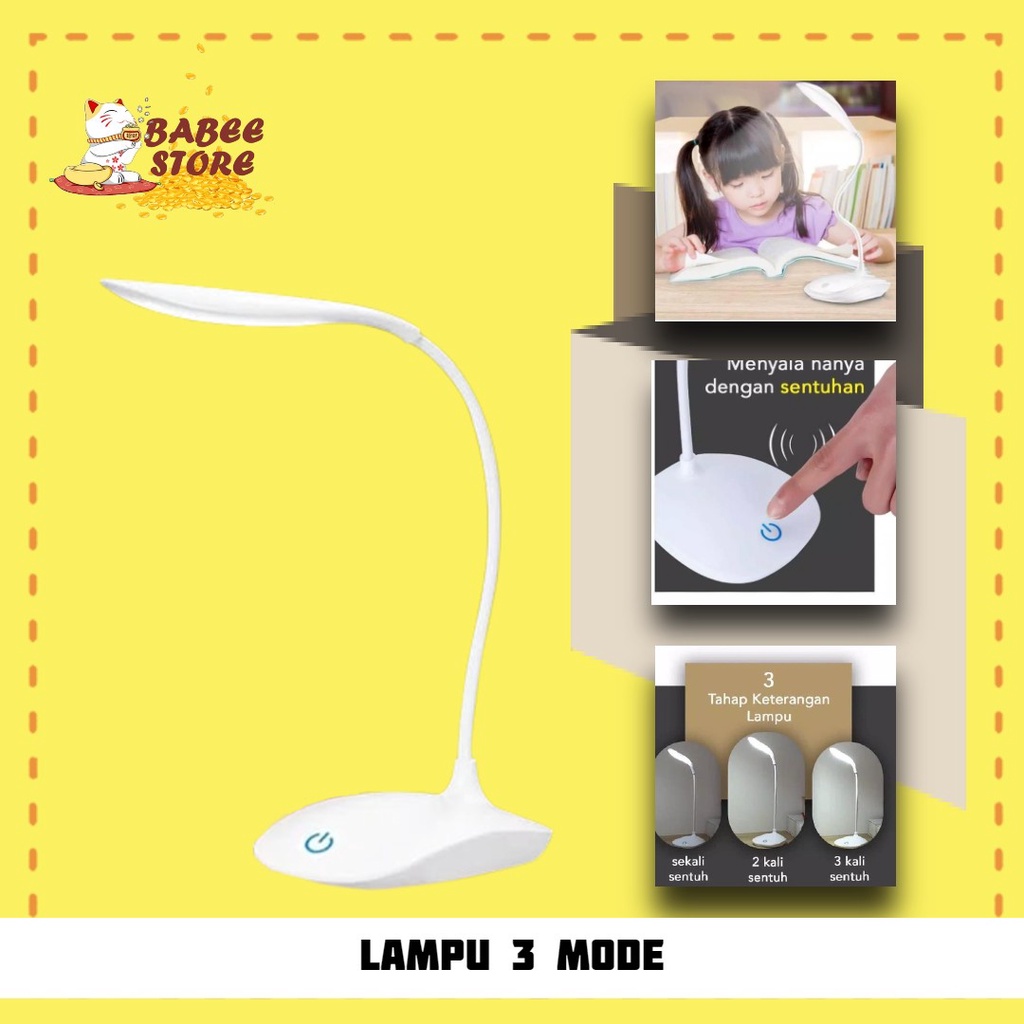 LAMPU MEJA LED 3 MODE SENTUH BATERAI RECHARGEABLE / LAMPU USB / LAMPU BELAJAR / MINILAMP USB