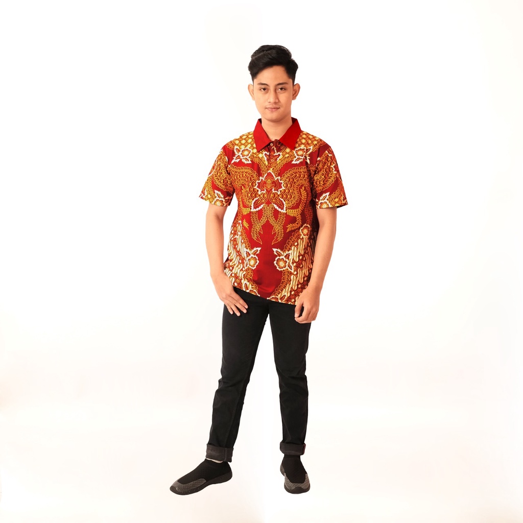 KLAMBEN Kaos Kerah Dewasa Jumbo Pria Etnic Unisex Batik Modern Merah Hati