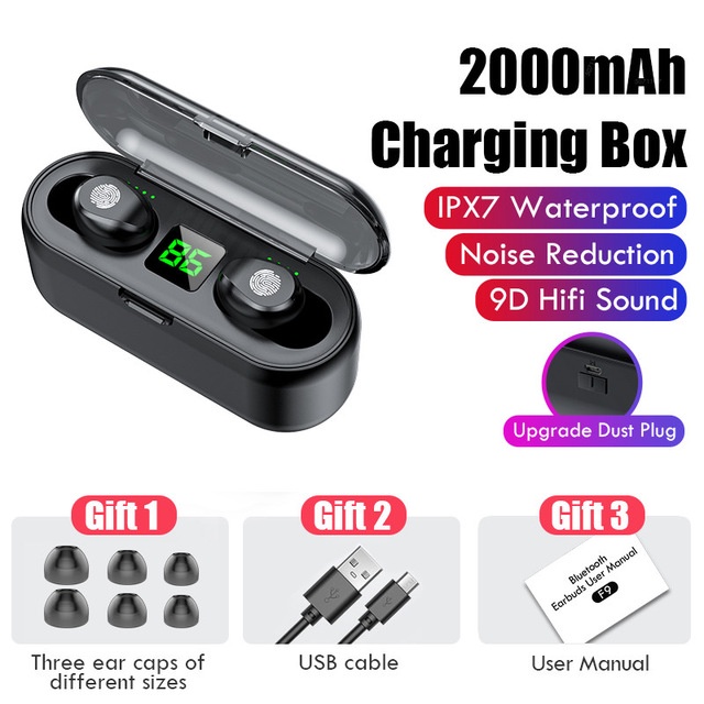 F9-8B TWS Bluetooth Earphones Wireless Headphones 9D Stereo Bluetooth Earphone Waterproof Headset-Black