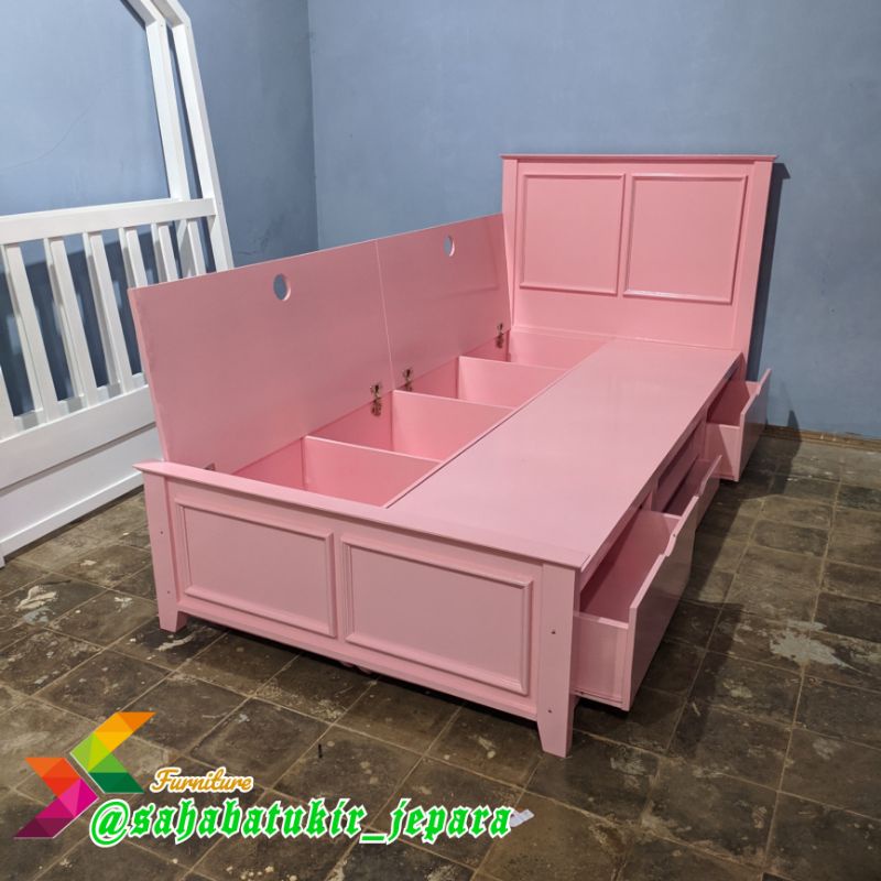 SET DIPAN ANAK MINIMALIS UKURAN 90x200 CM || LACI PENYIMPANAN || FINISHING CAT DUCO BABY PINK