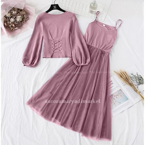 Pakaian Wanita Kekinian Set Murah Style Korean Ori / Setelan One  UF828 [2In1 St Jocelyn Tile Dust