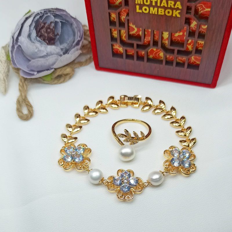 1 set gelang dan cincin mutiara asli lombok bersertifikat