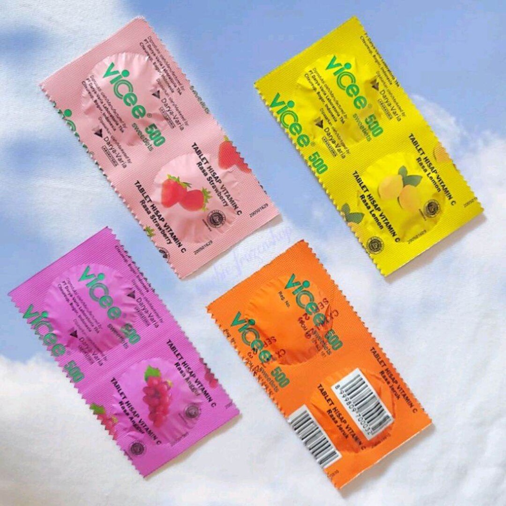 VICEE 500 MG STRIP 2 TABLET (RASA JERUK, LEMON, ANGGUR, STRAWBERRY) VITAMIN C MURAH