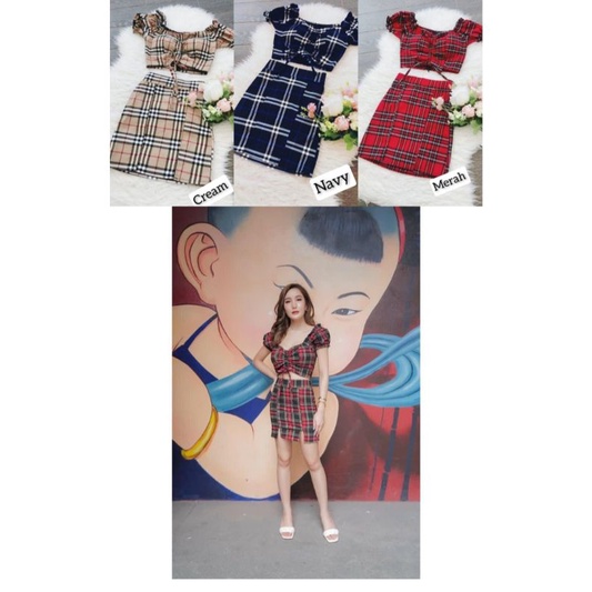 Setelan Sexy Sabrina Serut 1713.1 Motif Kotak-kotak/Setelan Rok Sexy/Model Atasan Serut+Rok Mini