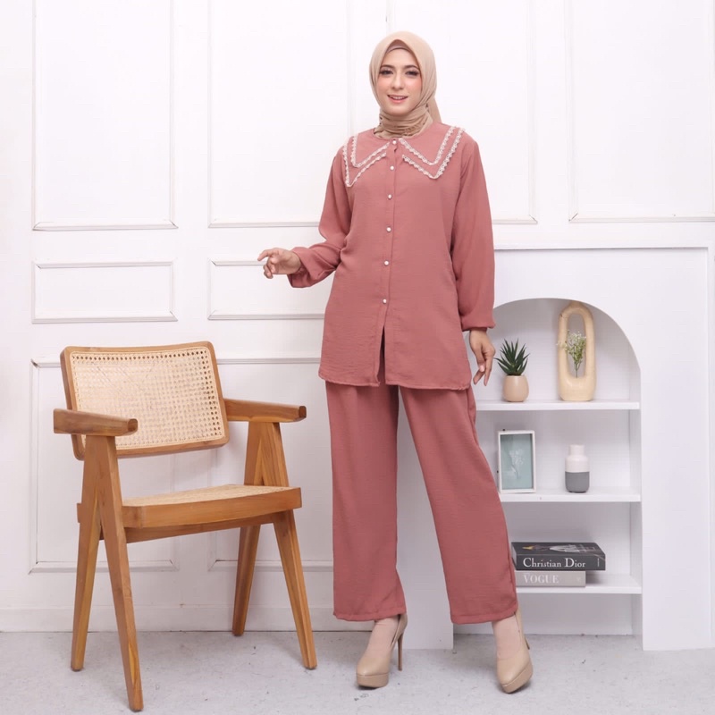 SETCEL STELAN WANITA DOUBLE COLLAR CRINKLE RENDA JUMBO XXL BUSUI BUMIL KANCING MURAH POLOS MUSLIM MEWAH