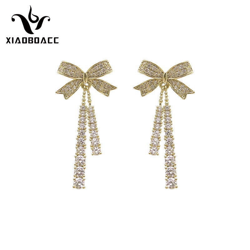 XiaoboACC Anting Tusuk Silver S925 Desain Pita Rumbai Hias Berlian Untuk Wanita