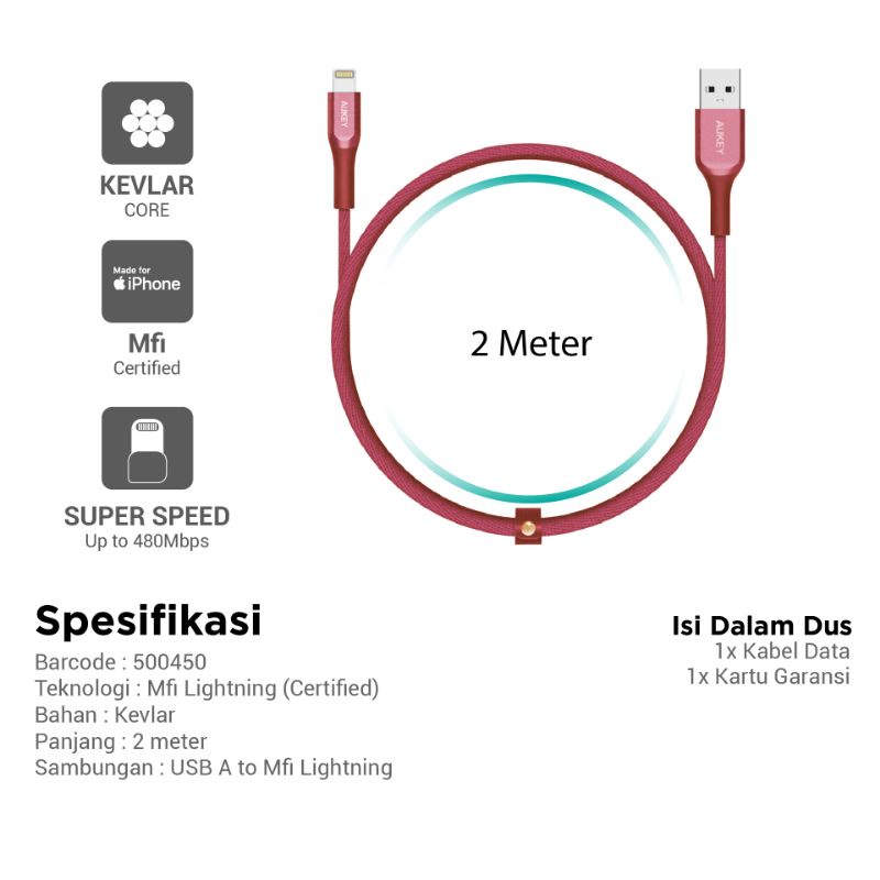 Aukey Kabel Charger Lightning CB-AKL1 MFI USB A To Lightning Kevlar Cable 1.2M