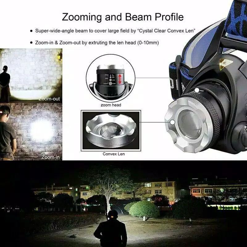 Senter Kepala LED Zoom Super Terang Headlamp LED Cree XML T6 (senter kepala+baterai+chas)