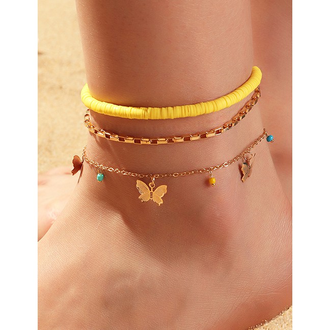 LRC Gelang Kaki Fashion Yellow Soft Ceramic Butterfly Rice Bead Alloy K45826