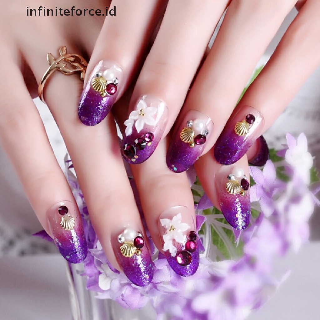 (Infiniteforce.Id) 24pcs / Set Kuku Palsu Akrilik Uv Gel Motif Ukiran Bunga Warna Ungu Untuk Nail Art