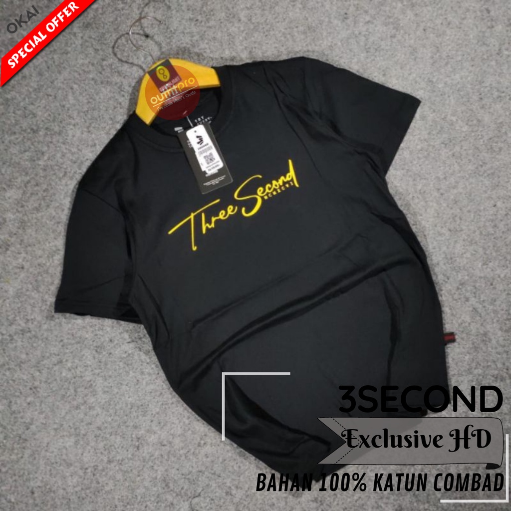 OUTFITPRO | Kaos Distro Pria Lengan Pendek Hitam YT Three Second | Kaos Distro Cotton 30's 100%