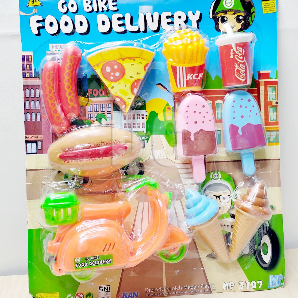 Go Bike Food Delivery Mainan Masak-masakan Sosis Ice Cream Hot Dog Pizza Vespa