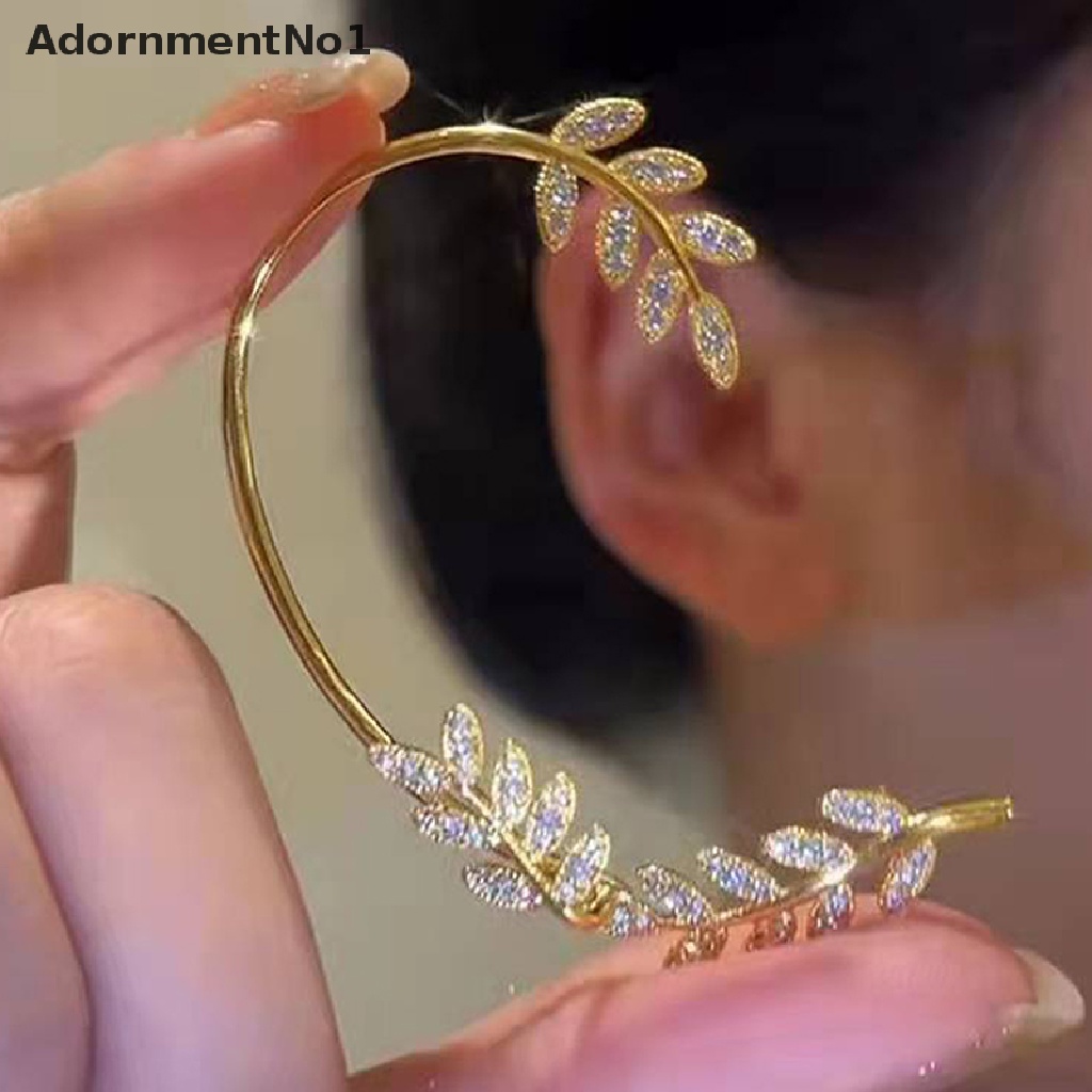 (AdornmentNo1) Anting Klip Tanpa Tindik Motif Daun Aksen Kristal Berkilau Untuk Perhiasan Wanita