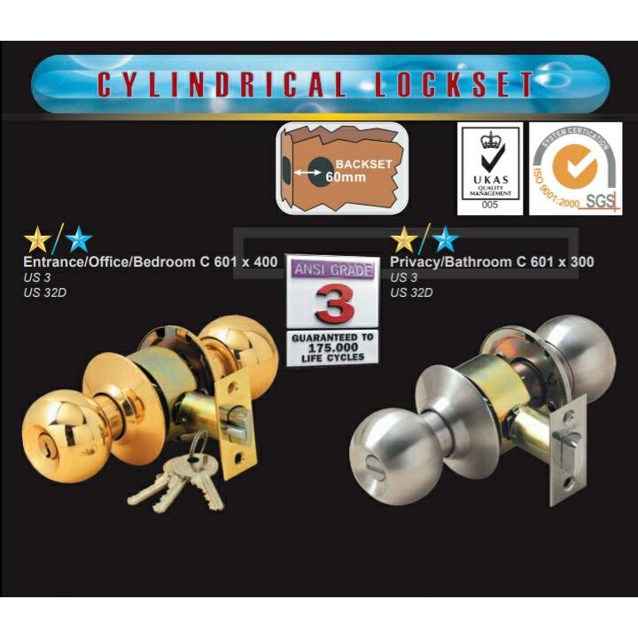 SOLID - KUNCI PINTU BULAT/CYLINDRICAL LOCKSET SOLID C 601 X 400 DENGAN ANAK KUNCI