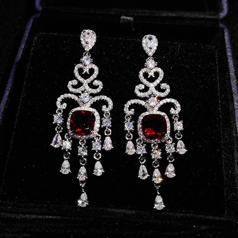 Luxury Vintage Ruby Sterling Silver Needle Eardrops