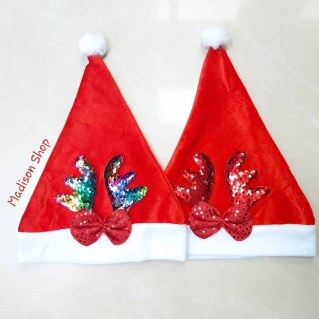 Topi Natal Tanduk Rusa Reversible Sequin Murah Bando Pita Natal Murah