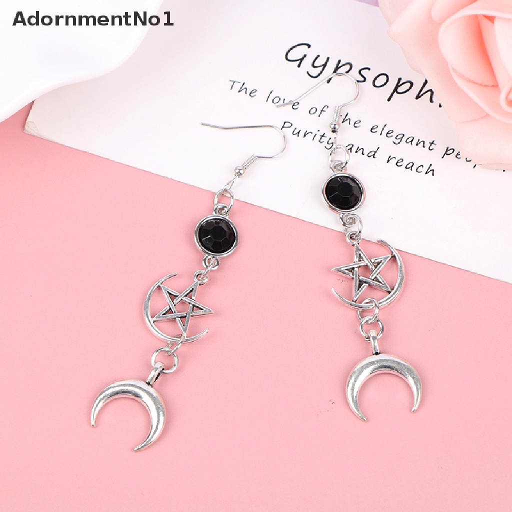 (AdornmentNo1) Anting Tusuk Gantung Desain Bulan Sabit + Bintang + Batu Kelahiran Hitam Gaya Gothic Untuk Wanita