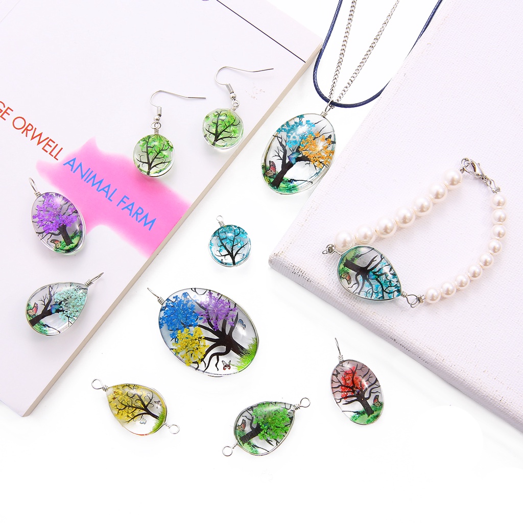 2 Pcs Alami Bunga Kering Cabochon Kaca Transparan Pesona Kalung Anting-Anting Gelang Liontin Membuat Perhiasan DIY Aksesori