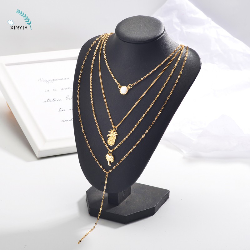 Ins Angin Kalung Empat Lapis Kalung Nanas Pohon Kelapa Rantai Klavikula Necklace