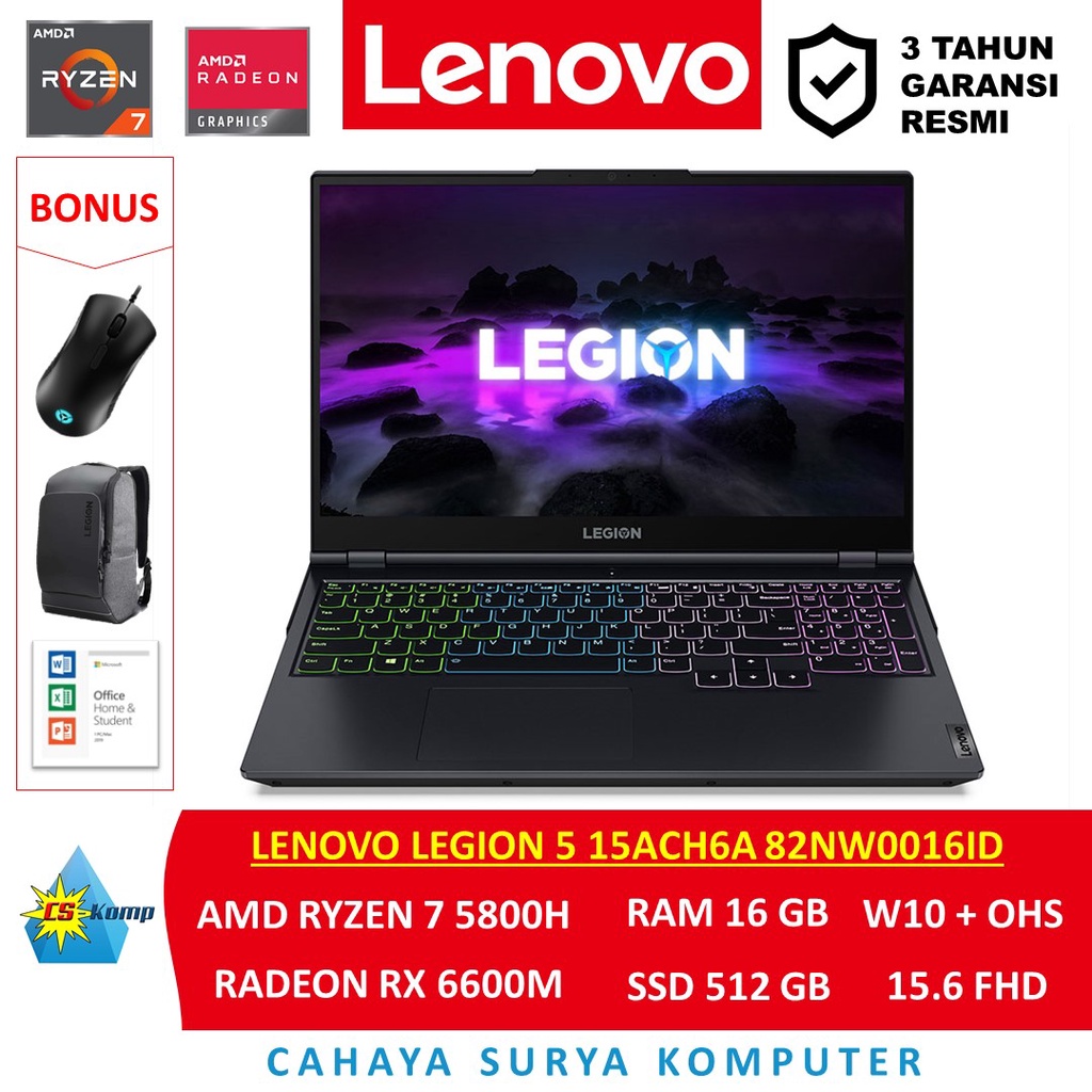 Lenovo Legion 5 15ACH6A 82NW0016ID | AMD Ryzen 7 5800H | Radeon RX 6600M | RAM 16GB | SSD 512GB | W1