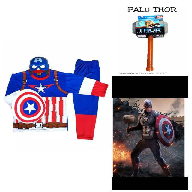 Kostum baju anak captain america palu thor / BAJU ANAK CAPTAIN TAMBAH PALU DAN TAMENG