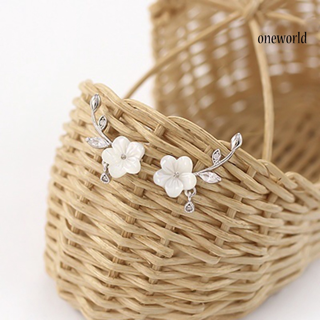 OW@ Earrings Flower Leaves Shape Design Beautiful Alloy Rhinestone Inlaid Ear Stud for Daily Life