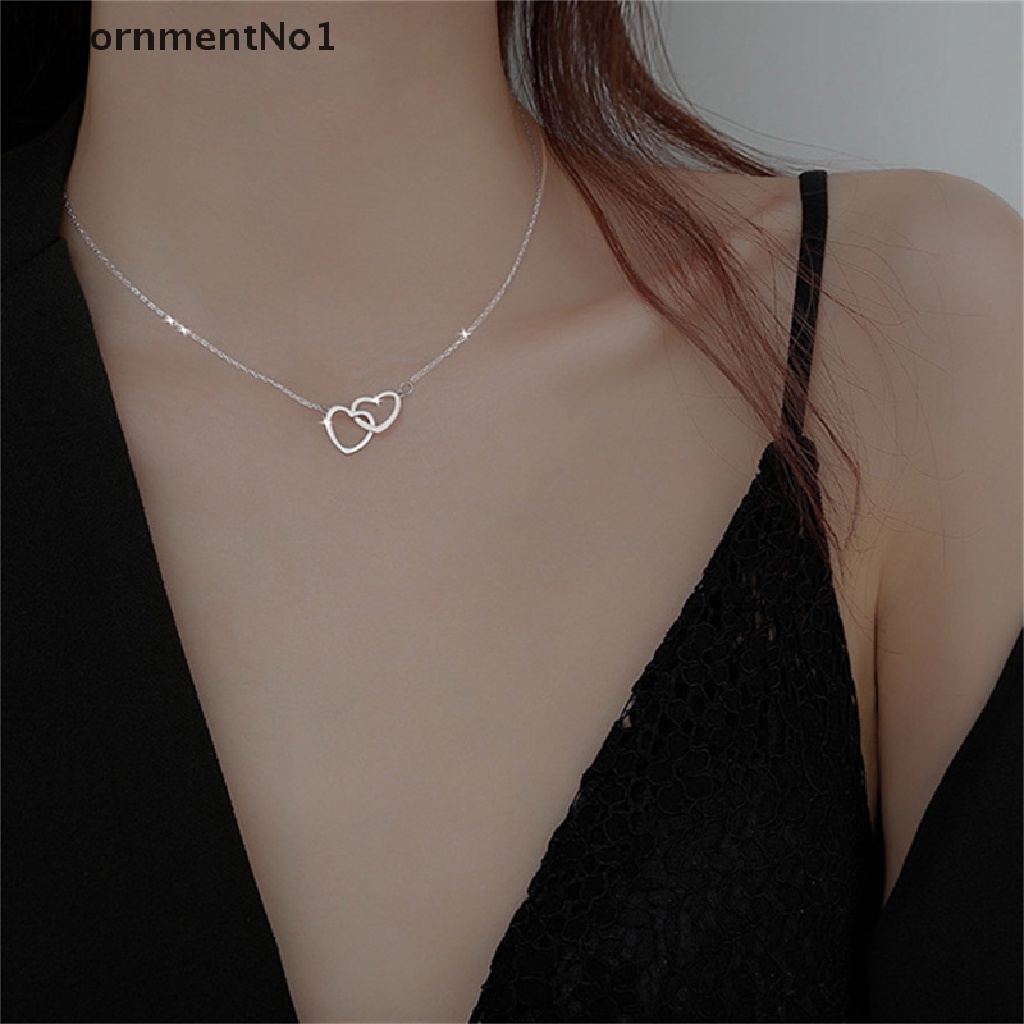 (AdornmentNo1) Kalung Rantai Silver Sterling 925 Liontin Hati Ganda Aksen Zircon Untuk Perhiasan Wanita