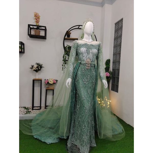 BAJU PENGANTIN SLIM DRES EKOR LEPAS JUBAH VEIL WARNA HIJAU WARDAH UKURAN ALL SIZE TO L
