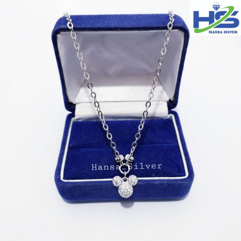 Kalung Perak Anak Asli Silver 925 Lapis Emas Putih Rantai Mickey Mouse - Perhiasan Perak Anak