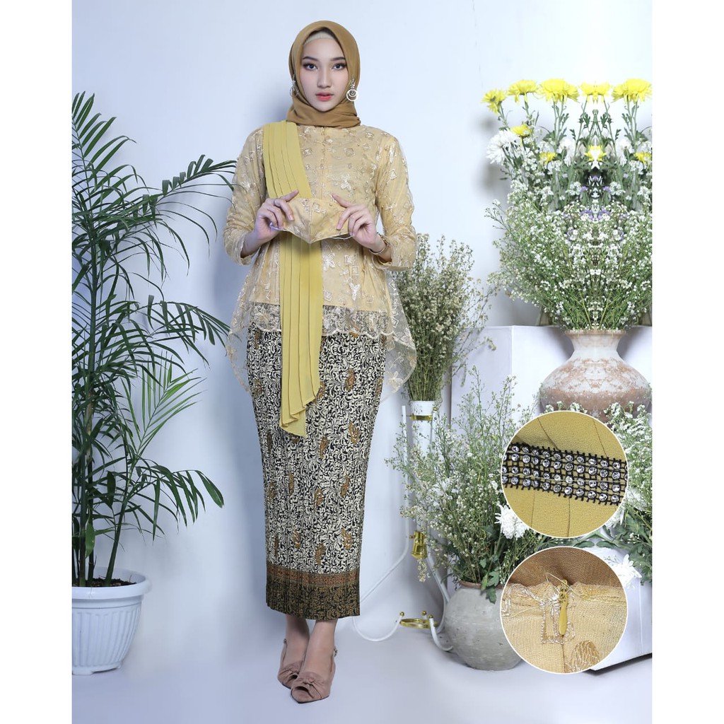 set kebaya aurora selendang termurah Kebaya /Kebaya tulle/Kebaya Wisuda /Baju Kebaya /Kebaya Moder-set gold