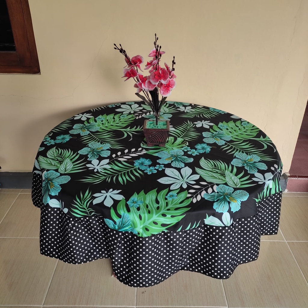 Taplak Meja Bulat Oshin Kain Katun Model Rumbai Diameter 150 cm Aneka Motif Bunga Batik Abstrak Deko