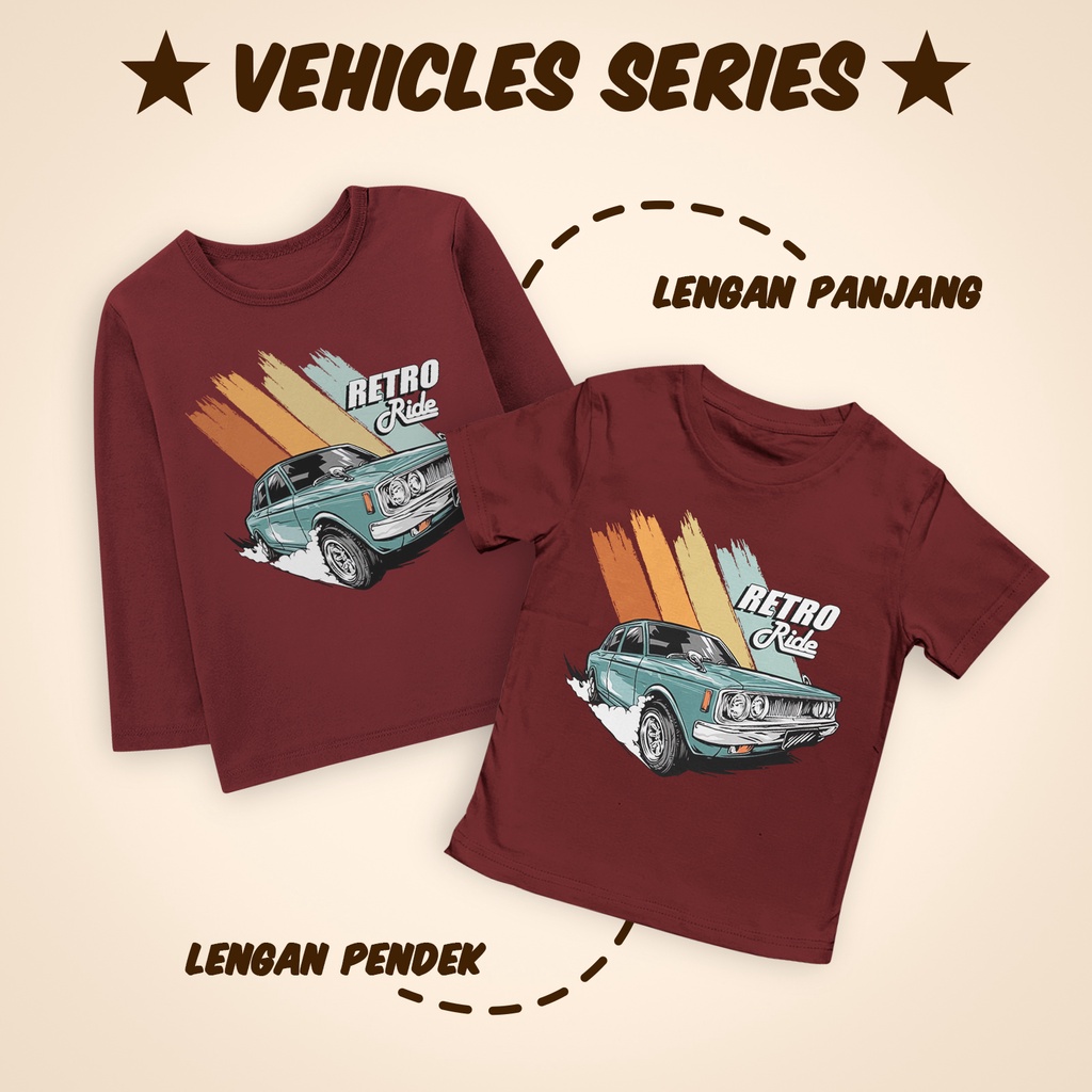 Kaos Anak Laki Laki Perempuan 1-12 Tahun Unisex Lengan Pendek dan Lengan Panjang Retro Ride