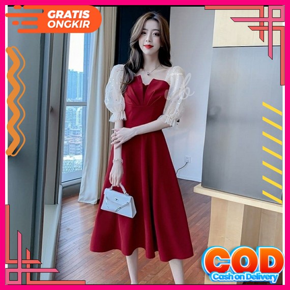 Cod Bayar Ditempat Juliet Dress Sabrina Korean Square Neck Pantai Midi Puffy Formal Pesta Vintage Ca