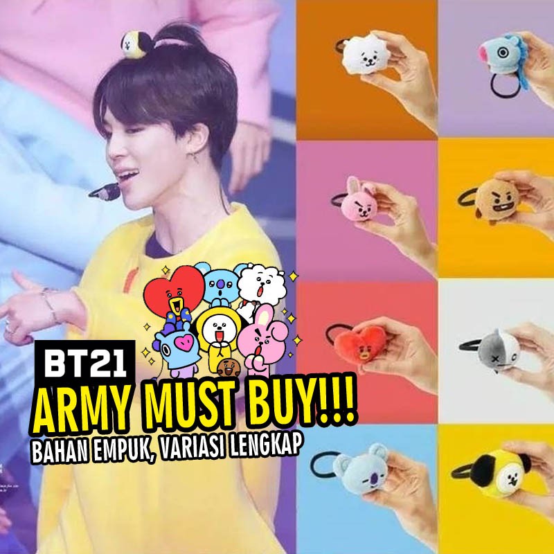 Ikat rambut korea bts bt21 karet hitam elastis bulu anak murah