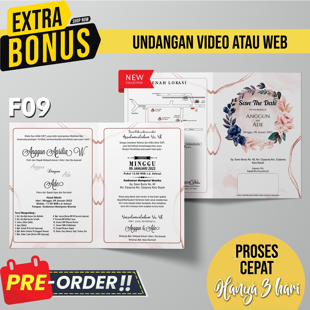 UNDANGAN NIKAH CANTIK LUCU BONUS VIDEO ATAU WEBSITE UNDANGAN F09