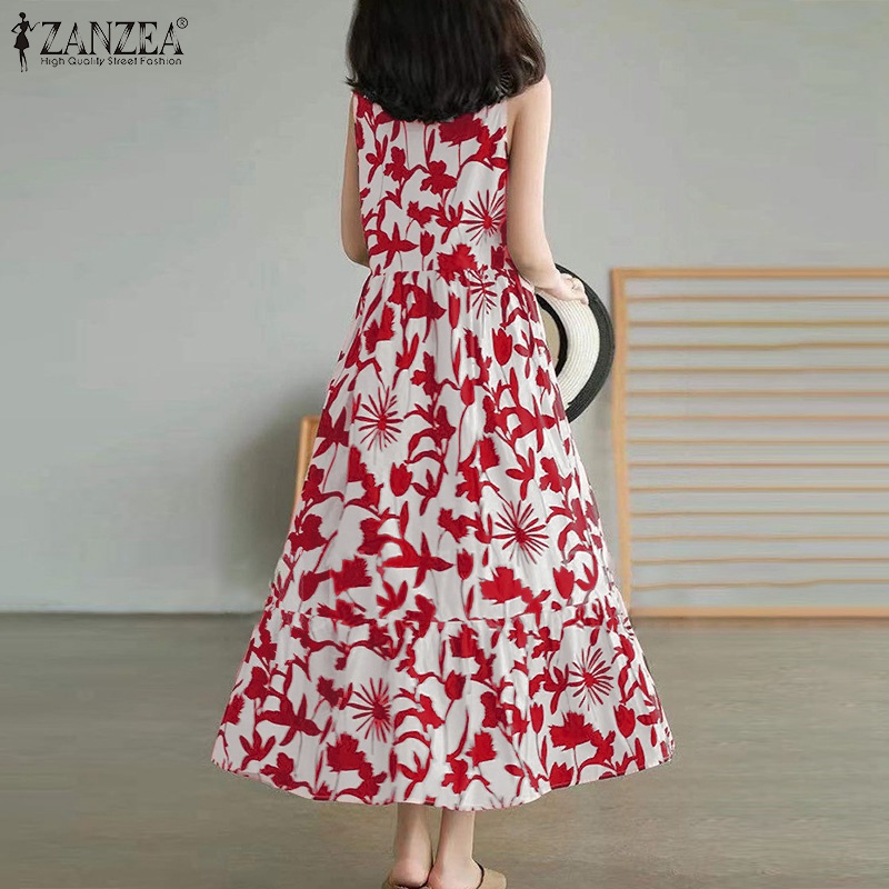 ZANZEA Women Fashion Crew Neck Sleeveless Flowers Printed  Swing Casual Midi Dress