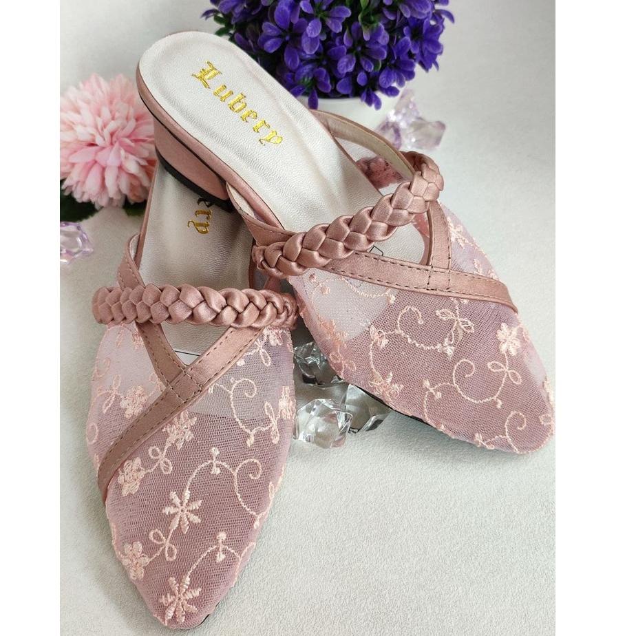 Sepatu Sandal Pesta Anak Perempuan Hak Tahu Selop Brukat Jala Kitten Heels Tumit Cewek ◦ NDA.864421