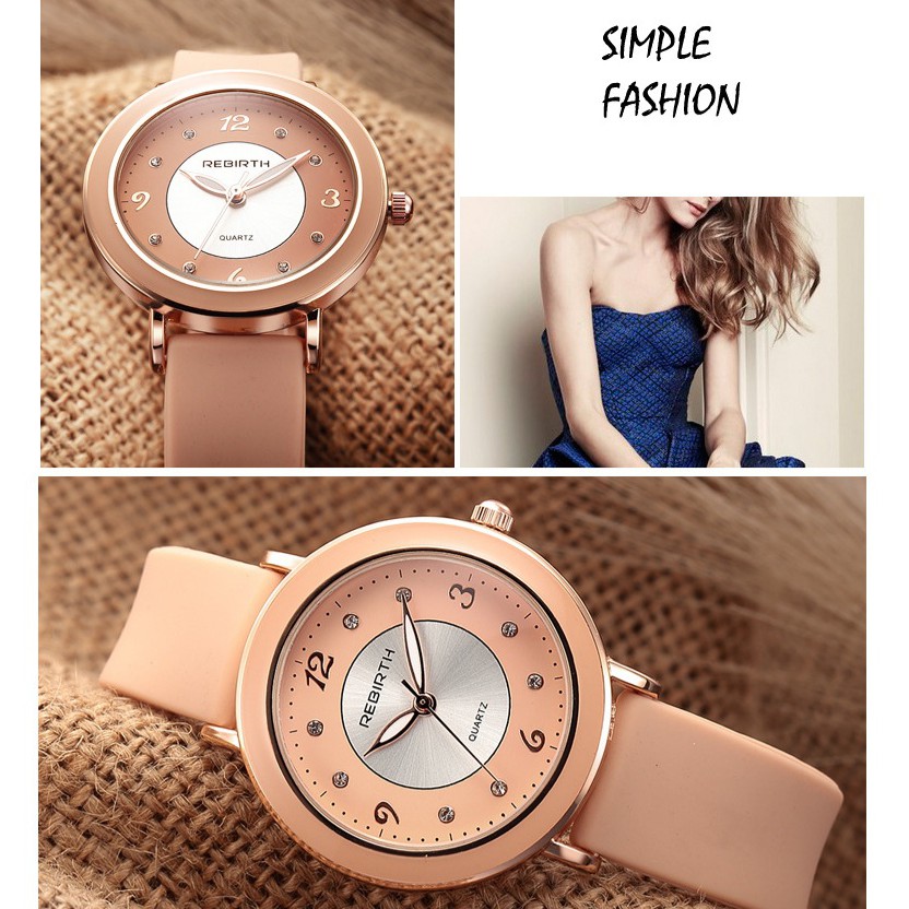JAM TANGAN WANITA REBIRTH SILIKON ORIGINAL KREM MURAH KOREA TEXAS JAM065C3 CEWEK ORI FASHION
