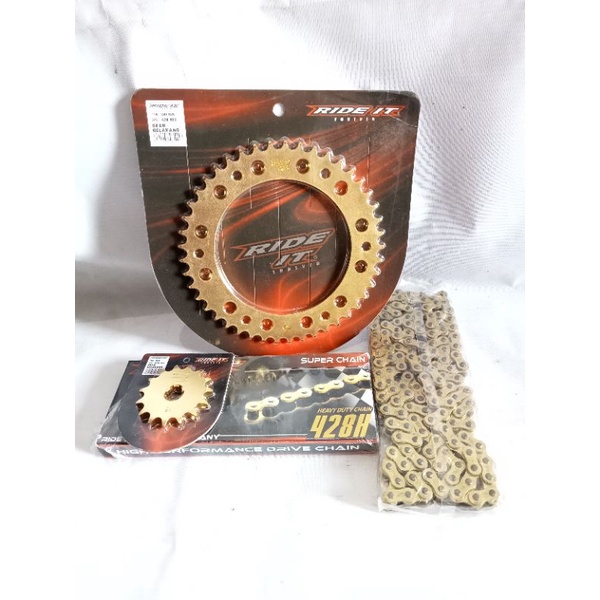 Gear set Honda CRF150 Model SSS dari UK 44 45 46 47 48 49 53 55 gir depan warna gold juga ,rantai Ride it