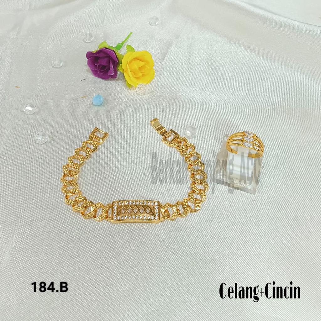 GELANG+CINCIN UKIR UKIR PERSEGI DIAMOND SUPER ELEGAN KOREA PERHIASAN ANTI KARAT DAN ANTI LUNTUR