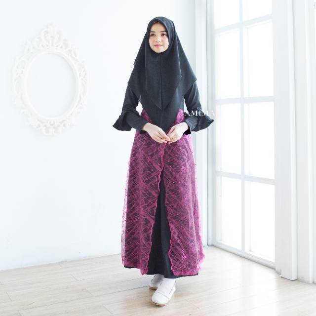 Gamis Premium Pesta Saqeena Dress Muslimah Aksen Ruffle Brokat Impor by Amima