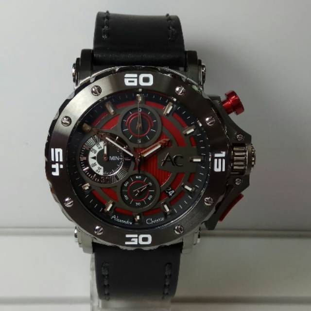 Jam tangan Alexandre Christie AC 9205 leather grey red