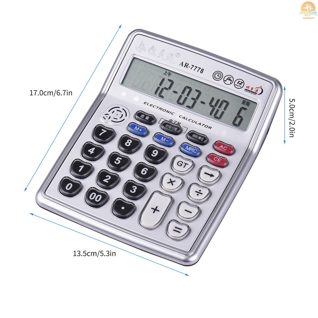 Musical Desktop Calculator 12-Digits LCD Display Electronic Calculator Counter Big Buttons with Music Piano Play Time Date Show Alarm Clock Function for Office Business Classroom Home Supplies