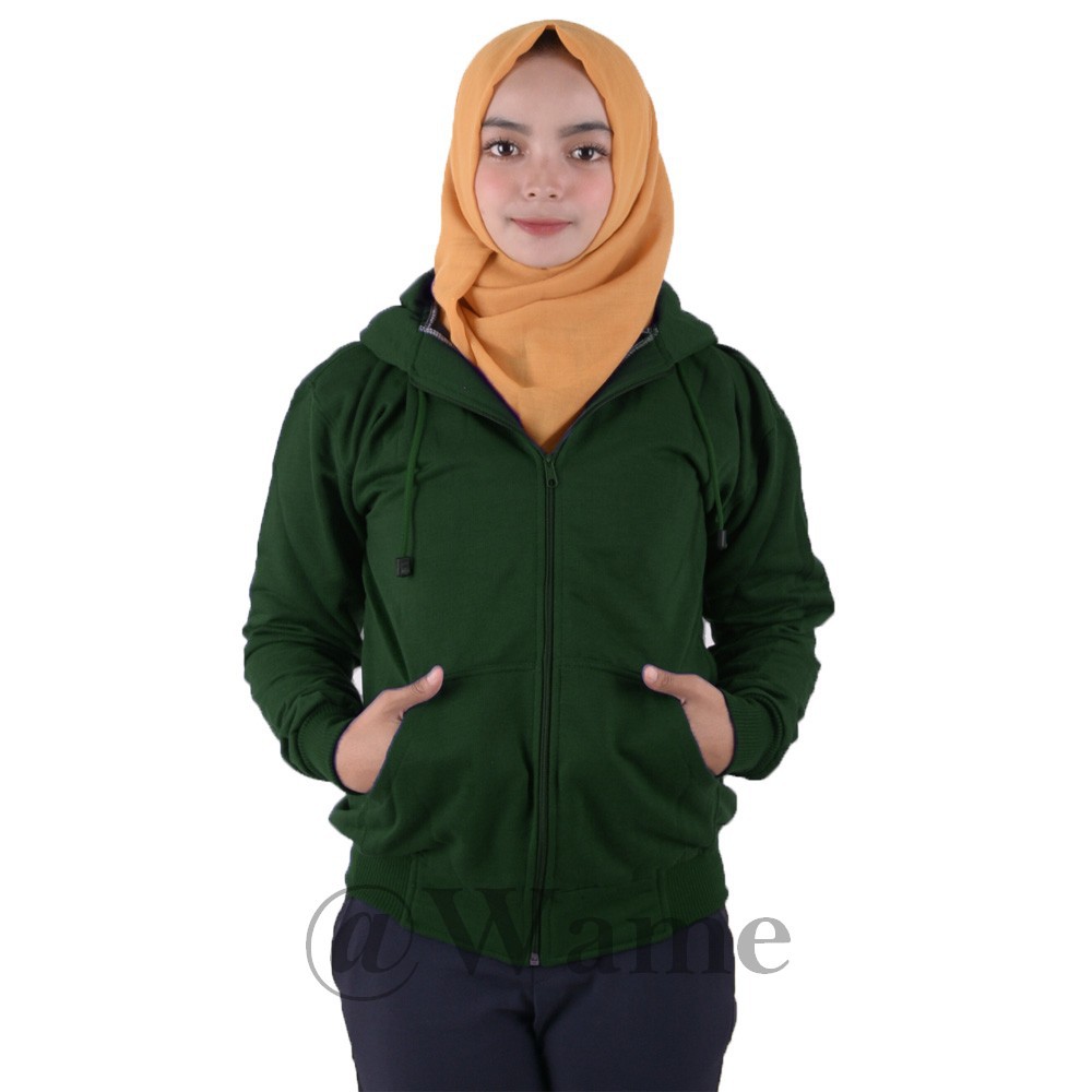 Jaket zipper polos hoodie M,L,XL,XXL pria wanita marun wame-HIJAU BOTOL
