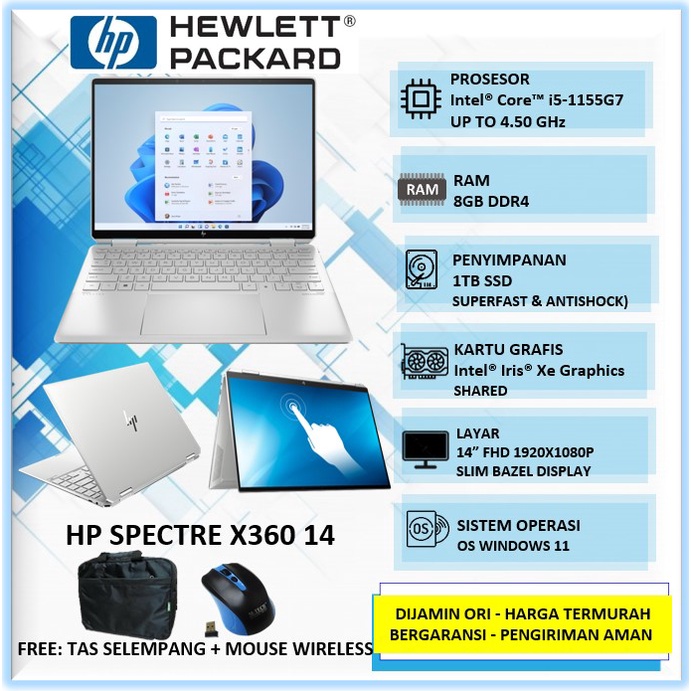 Laptop Touchscreen HP Spectre X360 Intel Core i5 1155G7 Ram 8GB SSD 1TB Win11Home Silver Ex.Display